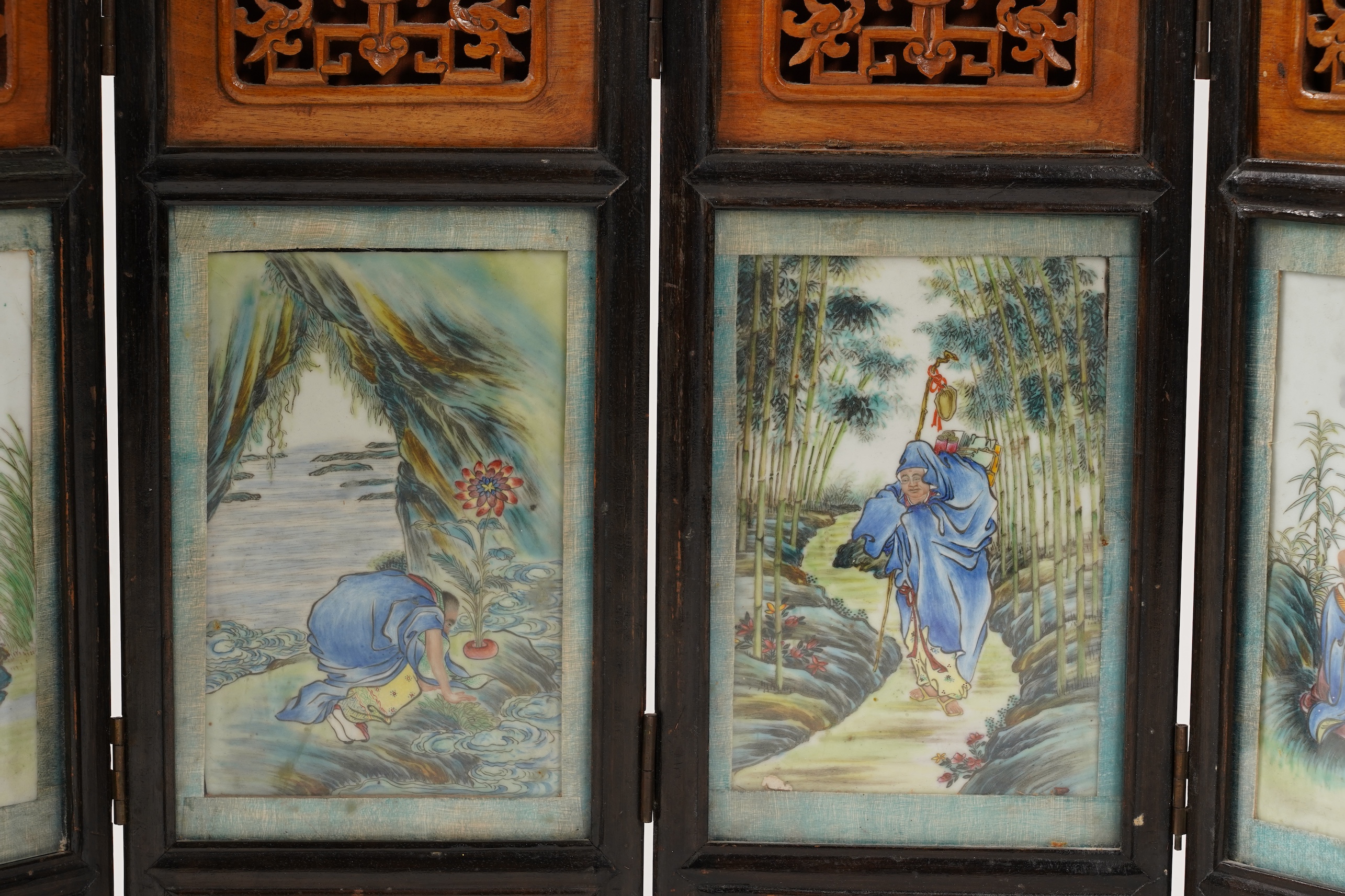 A Chinese porcelain plaque inset four fold table screen, Republic period